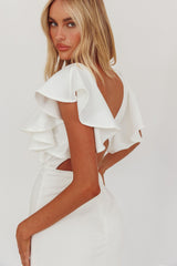 Cupid's Bow V-Neckline Ruffle Shoulder Bodycon Dress White